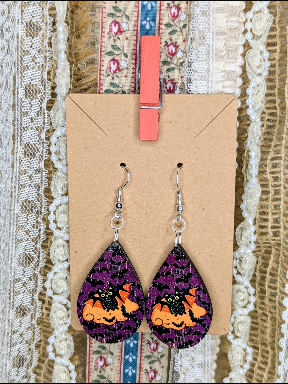 Retro Halloween Bat & Pumpkin Teardrop Earrings — Sublimation